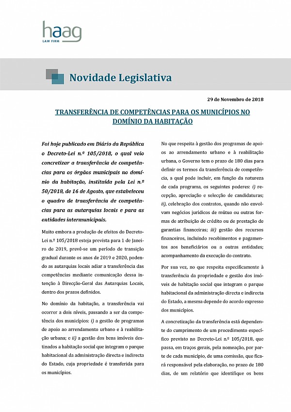 Novidade Legislativa - Transferência de Competências para os Municípios no Domínio da Habitação 