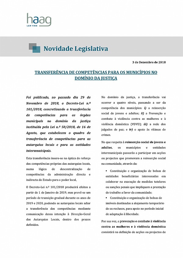 Novidade Legislativa - Transferência de Competências para os Municípios no Domínio da Justiça