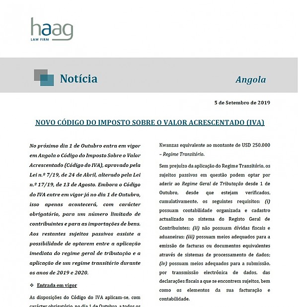 Angola - Novo Código do IVA